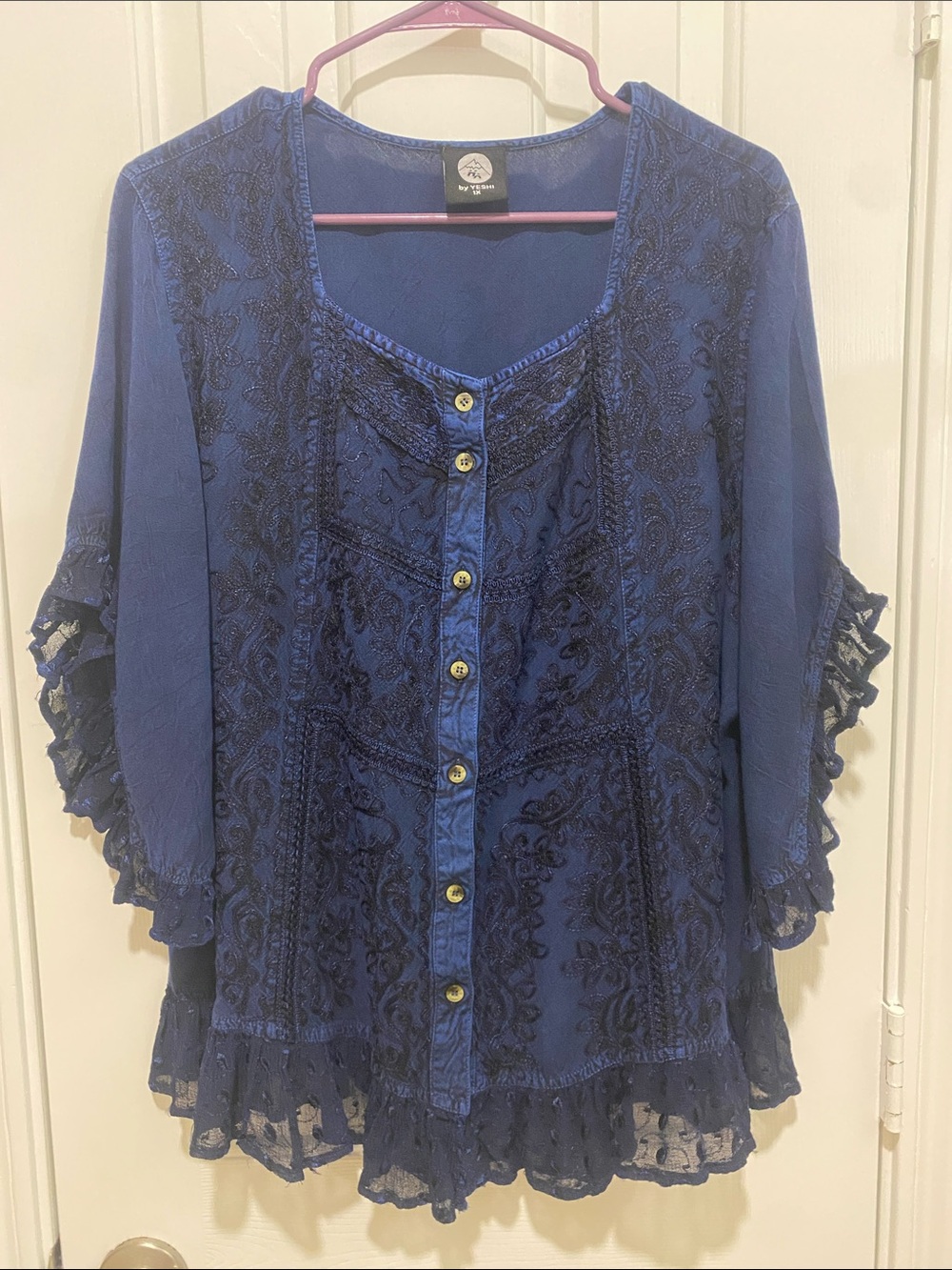 HA by Yeshi Blue Ruffled Embroidered Button-Front Women’s Top, Size 1X